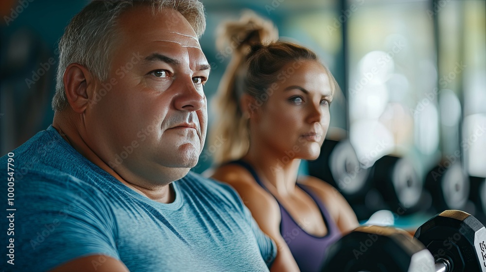 Close-up of a Man with Graying Hair Looking Pensively at a Weight in a Gym Close-up of a Man with Graying Hair Looking Pensively at a Weight in a Gym