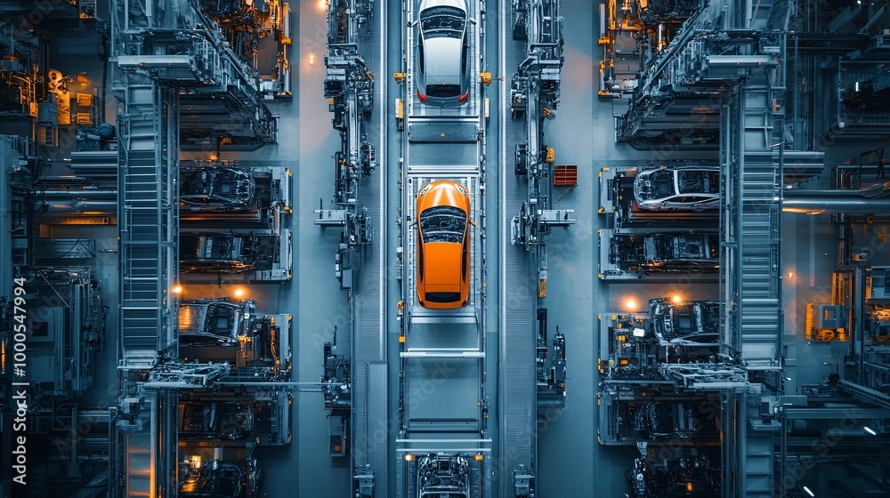 Overhead View of an Automotive Assembly Line with an Orange Car in the Center Overhead View of an Automotive Assembly Line with an Orange Car in the Center