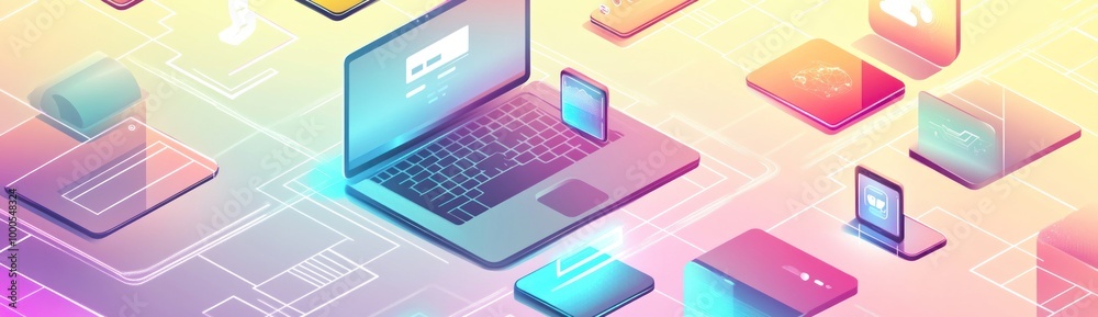 Digital devices connected in a vibrant, futuristic design. Digital devices connected in a vibrant, futuristic design.