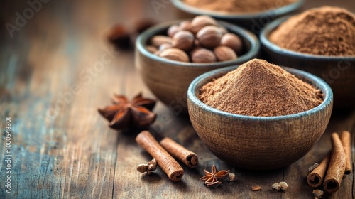 A collection of spices in bowls, showcasing various textures and colors for culinary use.