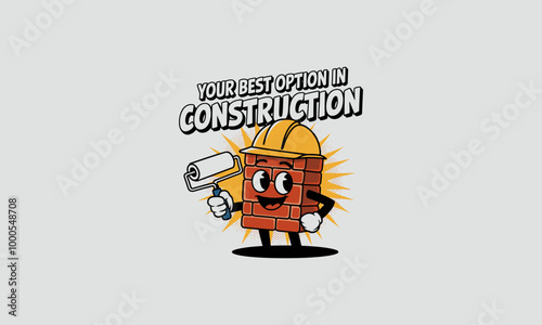 Cartoon brick character with a paint roller and hard hat