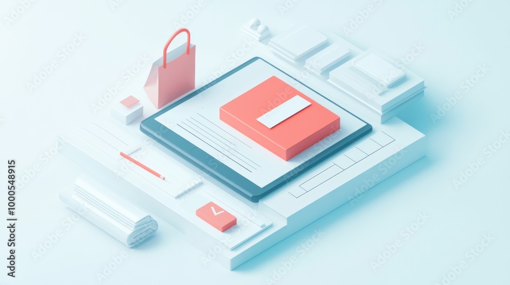 A minimalistic digital scene depicting a package, shopping bag, and stationery items. A minimalistic digital scene depicting a package, shopping bag, and stationery items.