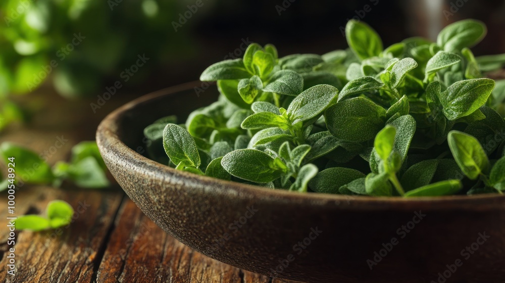 Fresh green oregano leaves in a rustic bowl on a wooden surface. Fresh green oregano leaves in a rustic bowl on a wooden surface.
