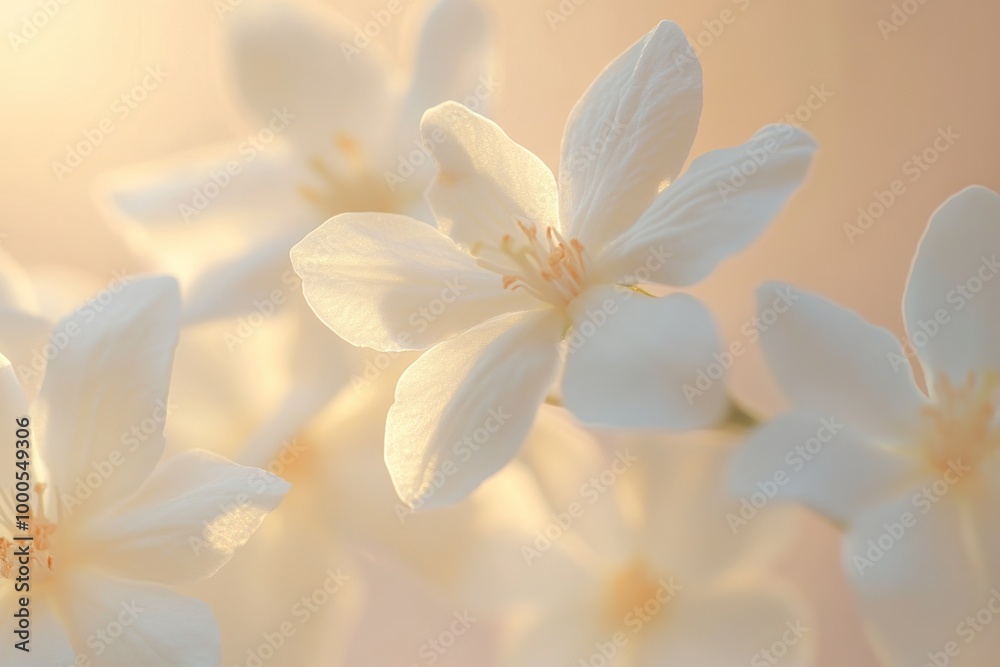 A close-up of delicate white flowers illuminated by soft light. A close-up of delicate white flowers illuminated by soft light.
