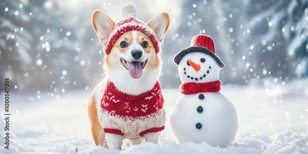 Corgi in Knitted Sweater and Hat Beside Snowman Corgi in Knitted Sweater and Hat Beside Snowman