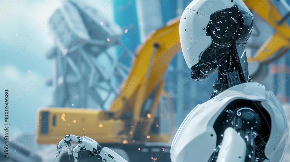 Fototapeta premium A futuristic humanoid robot appears in a construction site, with yellow machinery and sparks in the background. The scene reflects the fusion of AI and heavy industry, symbolizing innovation in modern