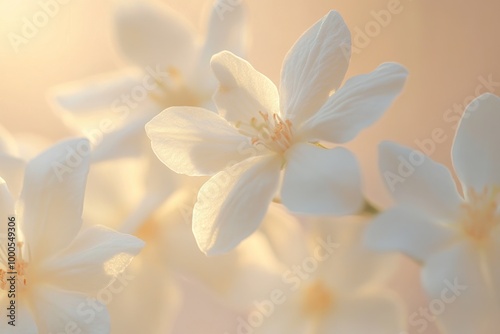 A close-up of delicate white flowers illuminated by soft light.