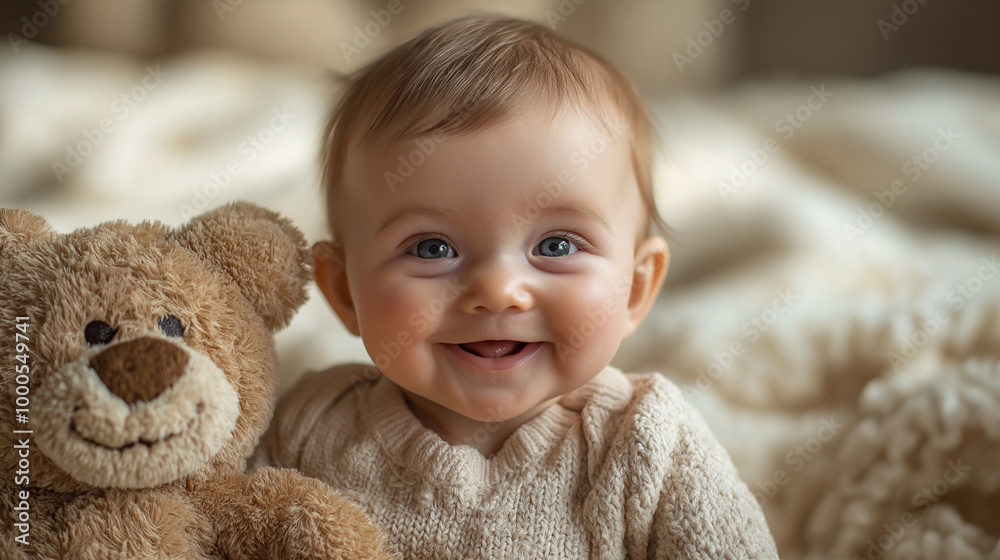 A photostock image of a baby smiling with a plush toy A photostock image of a baby smiling with a plush toy