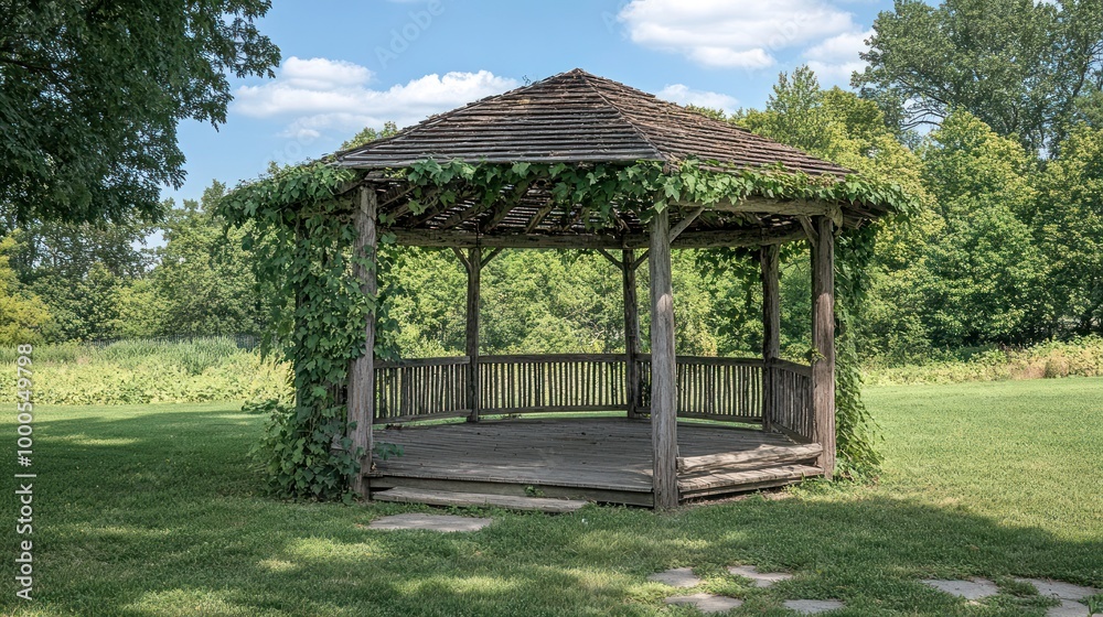 A rustic gazebo surrounded by greenery, offering a serene space for relaxation and gatherings. A rustic gazebo surrounded by greenery, offering a serene space for relaxation and gatherings.