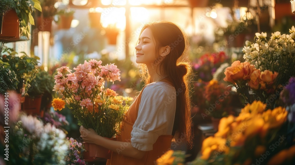 A woman holds flowers in a vibrant greenhouse filled with colorful blooms. A woman holds flowers in a vibrant greenhouse filled with colorful blooms.
