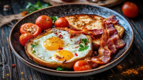 A delicious breakfast plate featuring eggs, bacon, tomatoes, and toast.