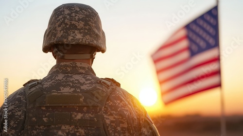 Soldier Saluting American Flag at Sunset Veterans Day Military Patriotism