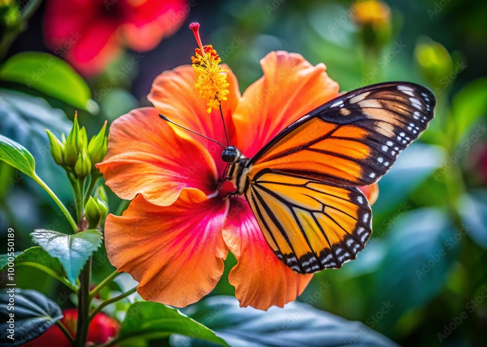 Vibrant Butterfly Perched on a Bright Hibiscus Flower in a Lush Tropical Garden Setting Vibrant Butterfly Perched on a Bright Hibiscus Flower in a Lush Tropical Garden Setting