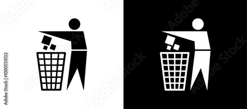 Black and white graphic depicting a figure disposing of waste in a trash bin