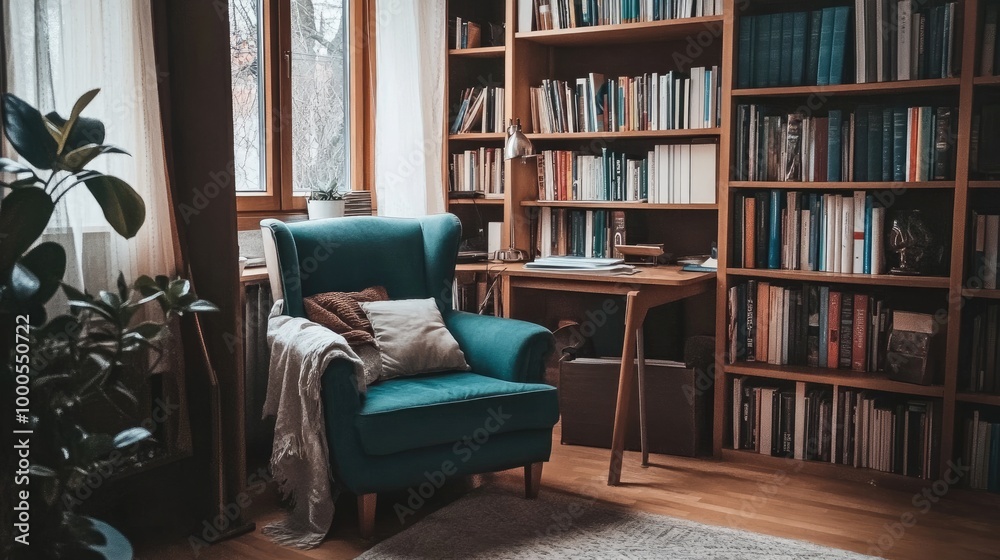 A cozy reading nook with a work desk, books, and a comfy chair, emphasizing relaxation and productivity combined A cozy reading nook with a work desk, books, and a comfy chair, emphasizing relaxation and productivity combined