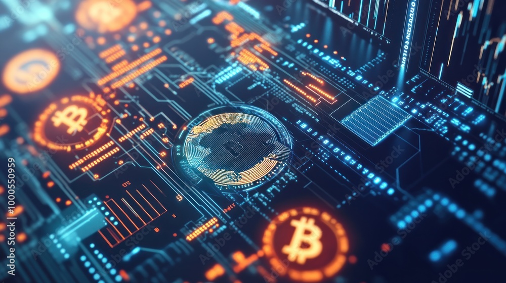 Digital representation of cryptocurrency, featuring Bitcoin symbols on a circuit board. Digital representation of cryptocurrency, featuring Bitcoin symbols on a circuit board.