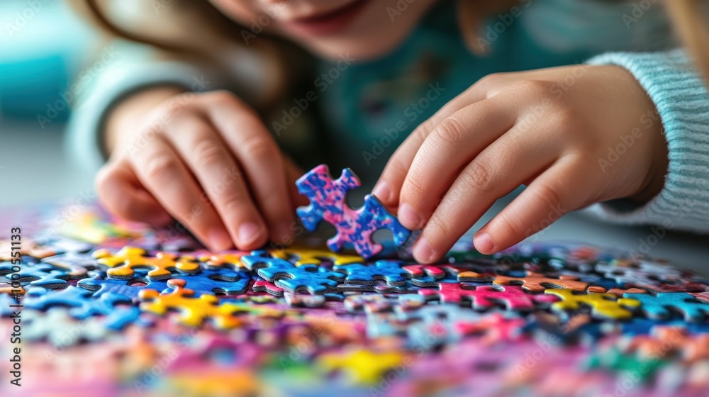 A child focuses on placing a colorful puzzle piece among many others. A child focuses on placing a colorful puzzle piece among many others.
