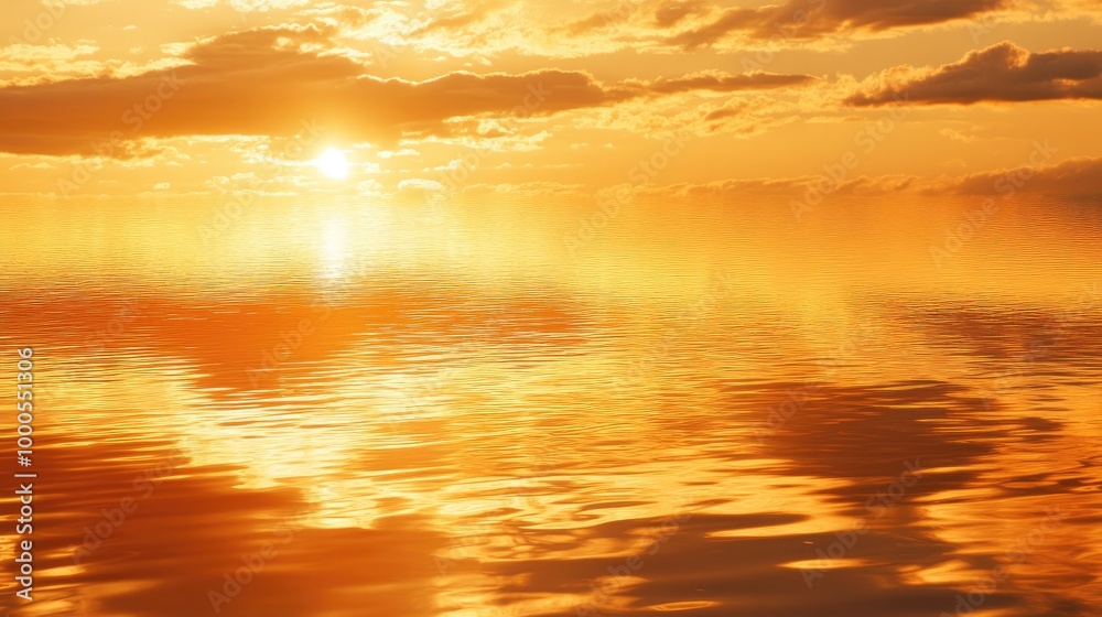 Fototapeta premium A golden sky during sunset with soft clouds and reflections on the water, creating a serene and peaceful atmosphere