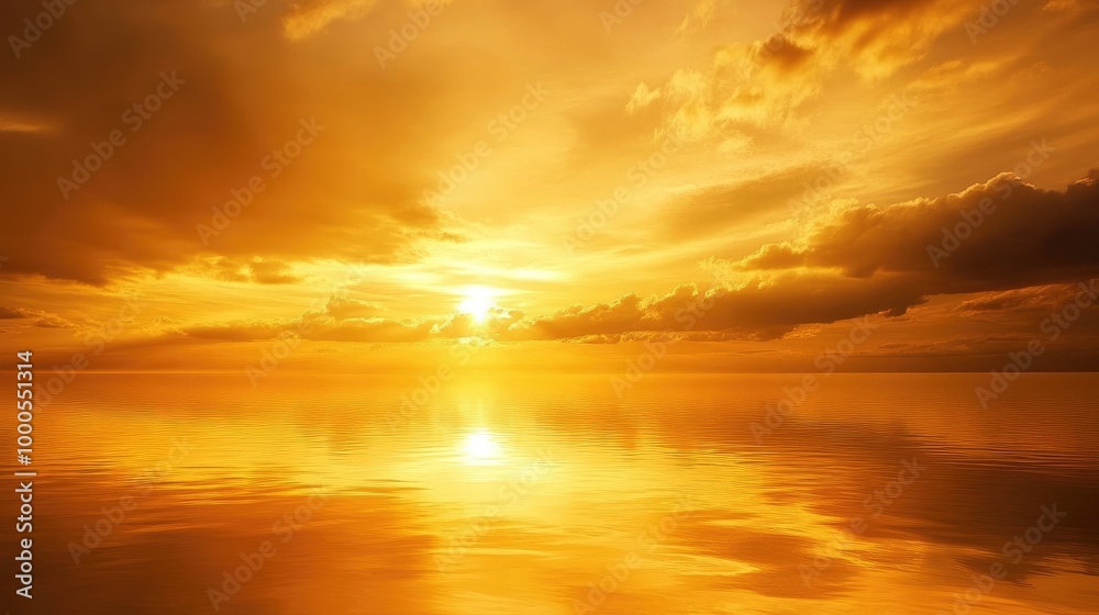 A golden sky during sunset with soft clouds and reflections on the water, creating a serene and peaceful atmosphere A golden sky during sunset with soft clouds and reflections on the water, creating a serene and peaceful atmosphere