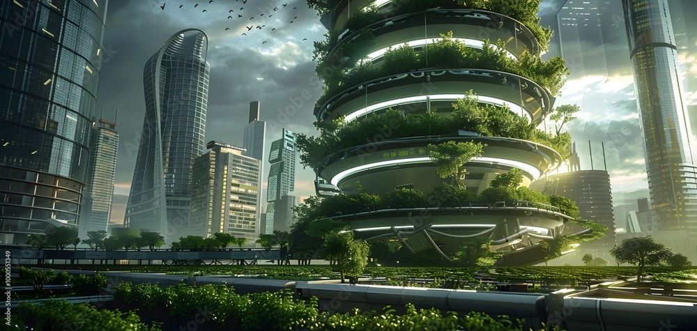 Obraz premium Futuristic cityscape with green architecture, showcasing unique buildings intertwined with nature against a dramatic sky.