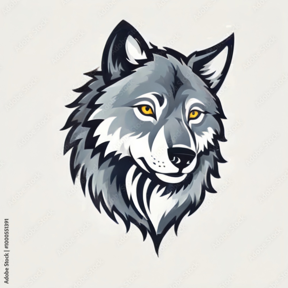 Fototapeta premium Detailed illustration of a wolf's head with striking yellow eyes on a neutral background showcasing modern design elements