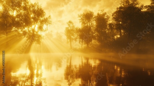 A golden sky reflecting on a lake, with a tranquil atmosphere and warm light bathing the surrounding trees