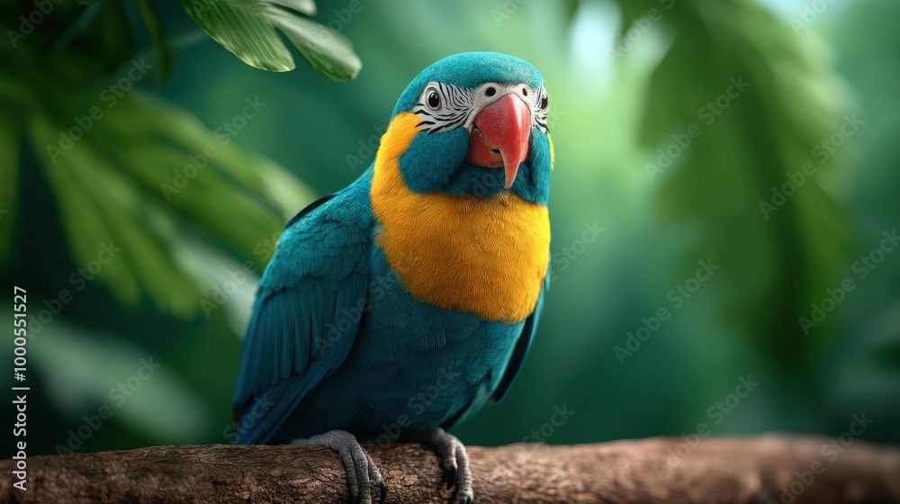 Obraz premium Vibrant Blue and Yellow Parrot Perched on Branch in Tropical Rainforest