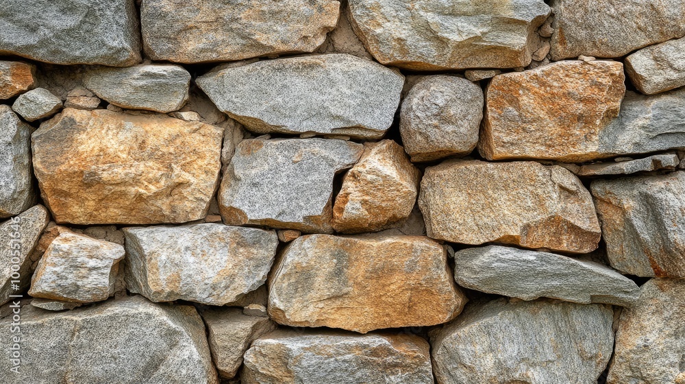A large stone wall made of rugged natural rocks, creating a strong, textured surface A large stone wall made of rugged natural rocks, creating a strong, textured surface