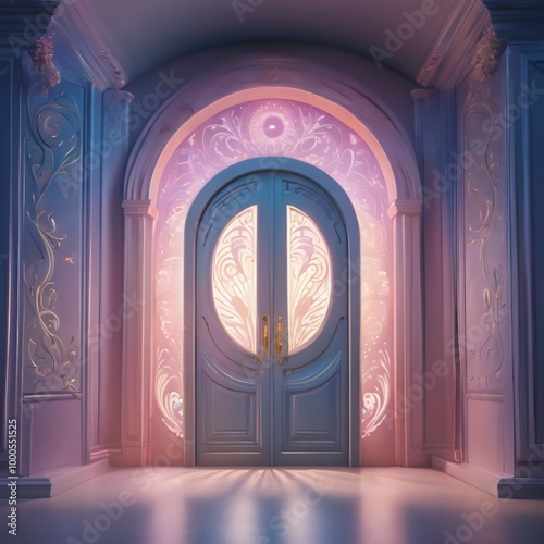 A beautifully designed doorway with illuminated patterns in an elegant interior space brings a sense of wonder and mystery
