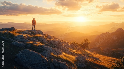 A lone hiker standing on a hilltop at sunset, casting a long shadow over the rocky terrain