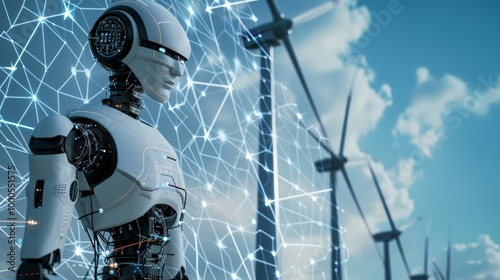 A highly detailed humanoid robot stands against a backdrop of wind turbines and digital network connections, symbolizing the future of renewable energy, AI technology, and sustainability.