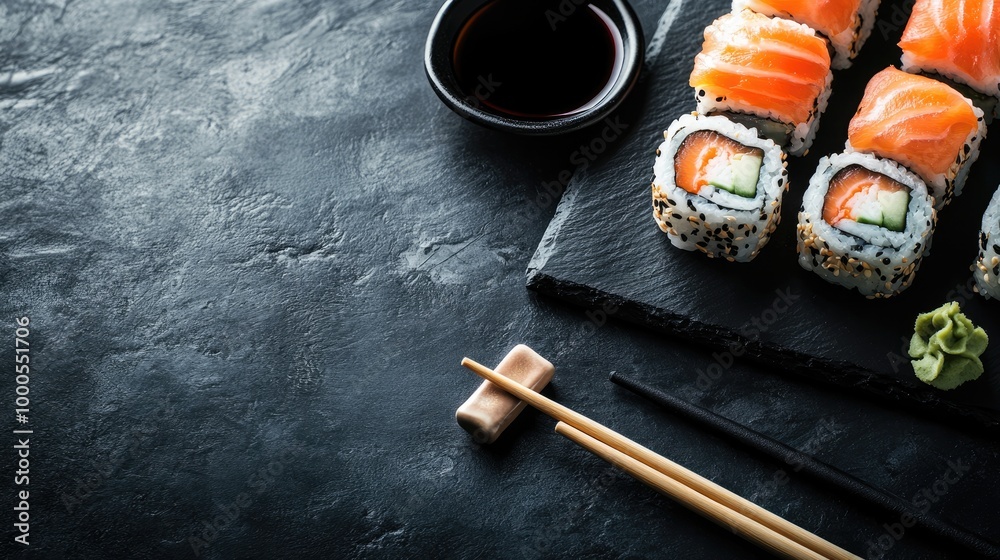 A modern presentation of sushi rolls on a dark slate plate, with soy sauce and chopsticks beside it A modern presentation of sushi rolls on a dark slate plate, with soy sauce and chopsticks beside it
