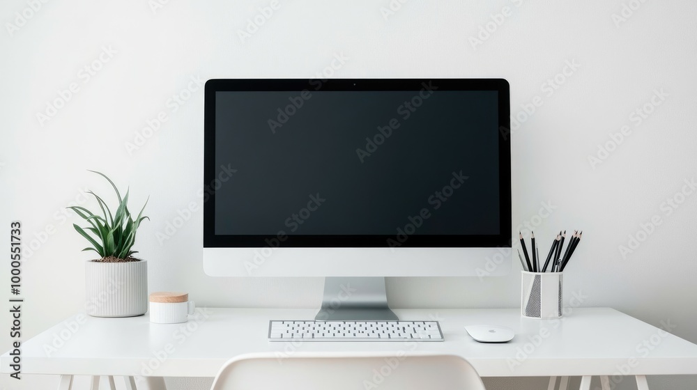 A minimalist work desk with a sleek computer monitor, ergonomic chair, and organized accessories for productivity A minimalist work desk with a sleek computer monitor, ergonomic chair, and organized accessories for productivity