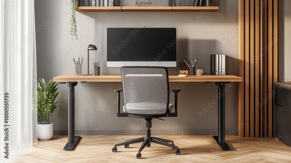 A minimalist work desk with a sleek computer monitor, ergonomic chair, and organized accessories for productivity A minimalist work desk with a sleek computer monitor, ergonomic chair, and organized accessories for productivity
