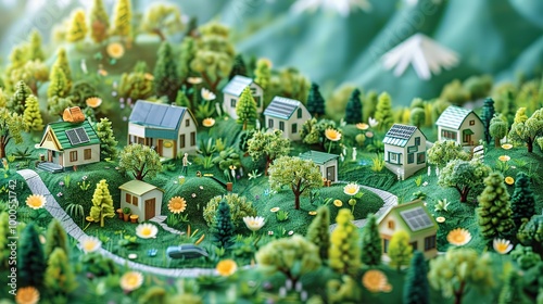 Graphic showing climate change mitigation strategies, with communities adopting energy-efficient practices, green building, and recycling to reduce their impact. High resolution Illustration, in the