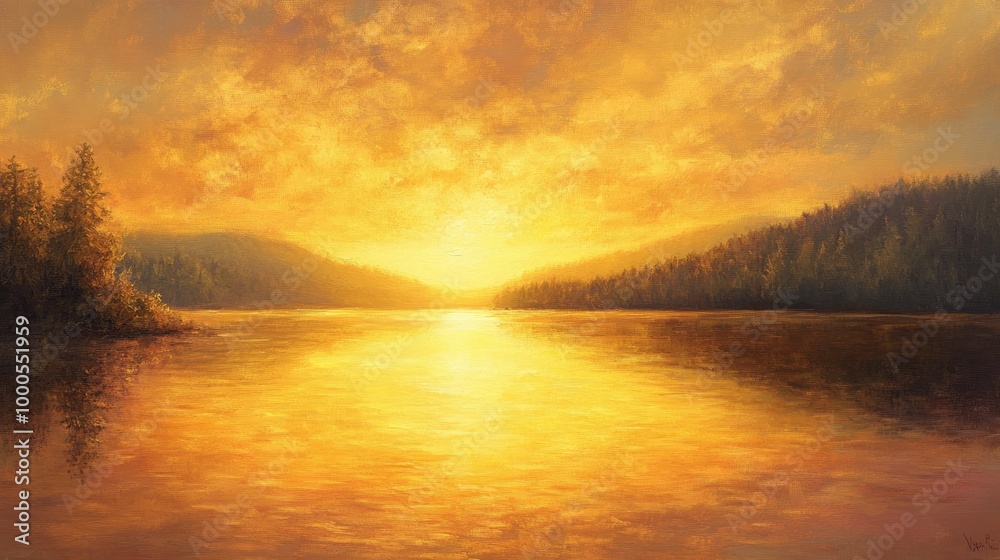 custom made wallpaper toronto digitalA radiant golden sky at dusk with warm light reflecting off a lake, creating a tranquil and serene landscape