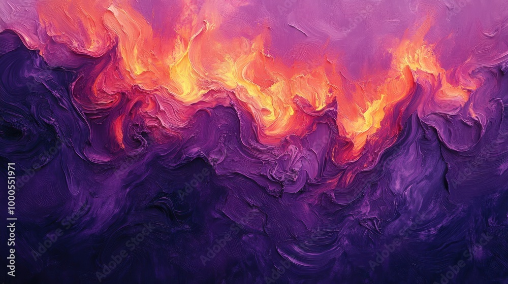 Fototapeta premium A vibrant abstract depiction of flames and waves in purple and orange hues.