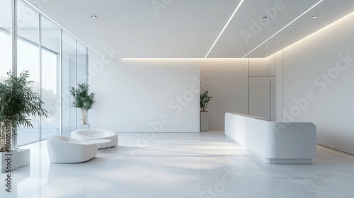 Modern Minimalist Office Reception Area with White Furniture and Plants
