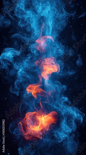 A vibrant display of swirling blue and orange smoke against a dark background.