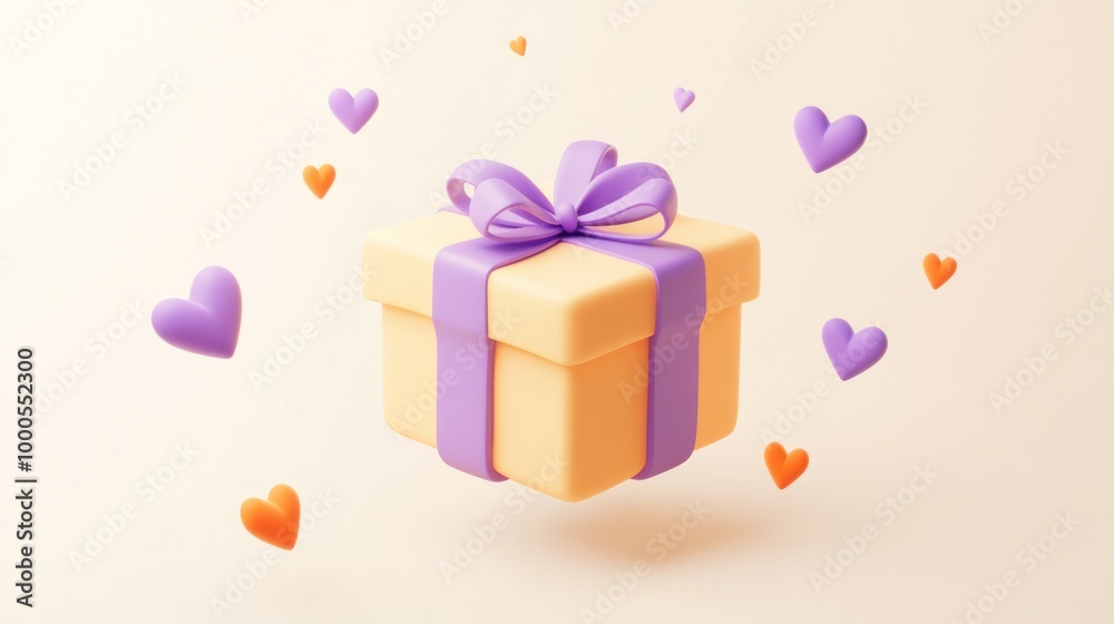 Obraz premium A floating gift box with a ribbon, surrounded by colorful hearts, symbolizing celebration.