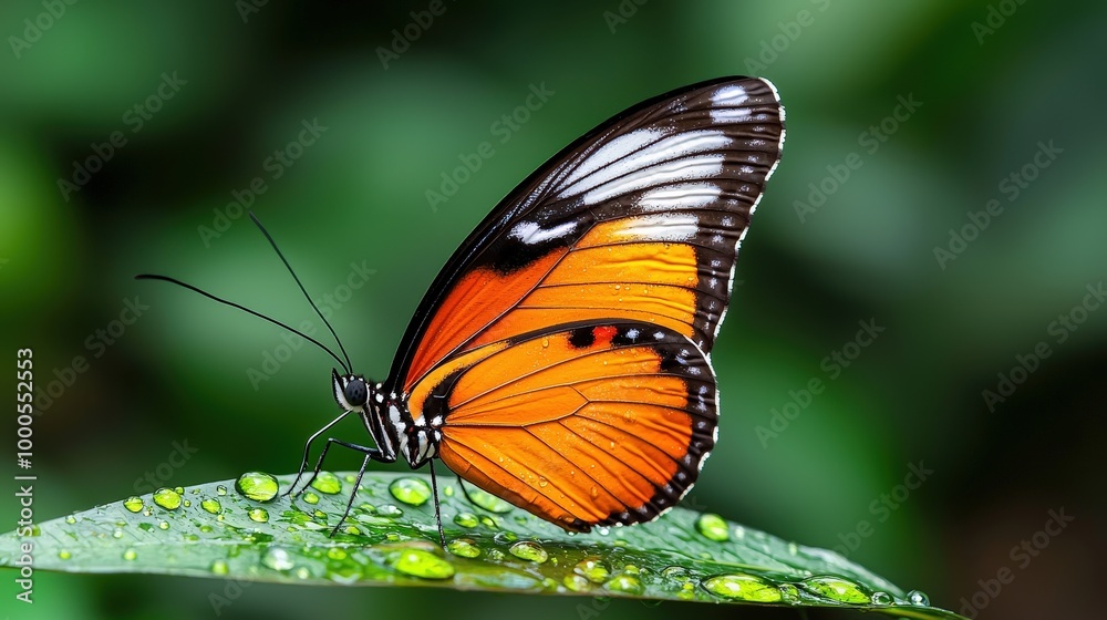 Vibrant Tropical Butterfly on Dewy Green Leaf   Macro Photography