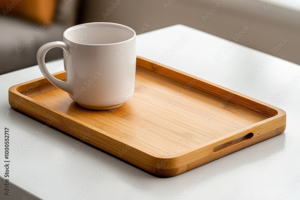 White Mug on Bamboo Tray Mockup for Branding Design White Mug on Bamboo Tray Mockup for Branding Design