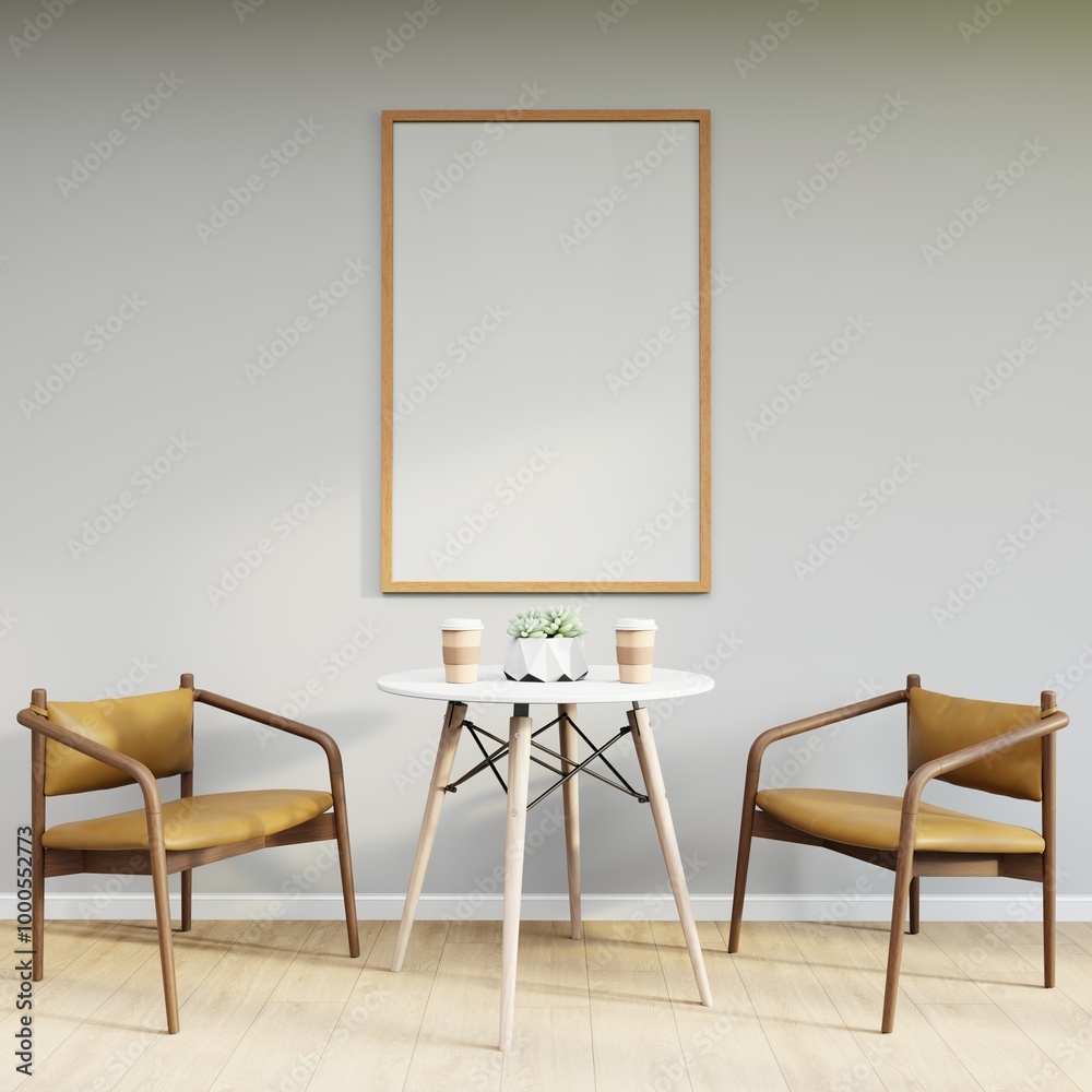Mockup frame on table in living room interior on empty white wall background. Mockup frame on table in living room interior on empty white wall background.