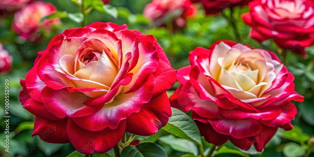 Vibrant Double Delight Roses in Full Bloom Showcasing Red and White Petals Against Green Foliage Vibrant Double Delight Roses in Full Bloom Showcasing Red and White Petals Against Green Foliage