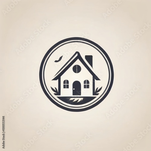 A minimalist house logo design featuring a simple structure with a door, windows, and decorative elements surrounded by a circular border