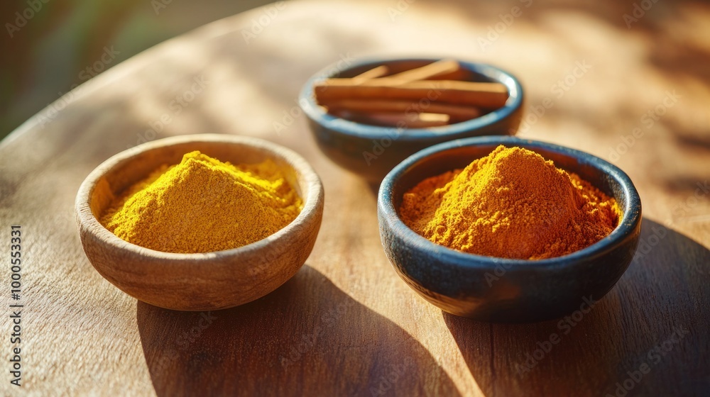 Three bowls of vibrant spices on a wooden surface, highlighting culinary ingredients. Three bowls of vibrant spices on a wooden surface, highlighting culinary ingredients.