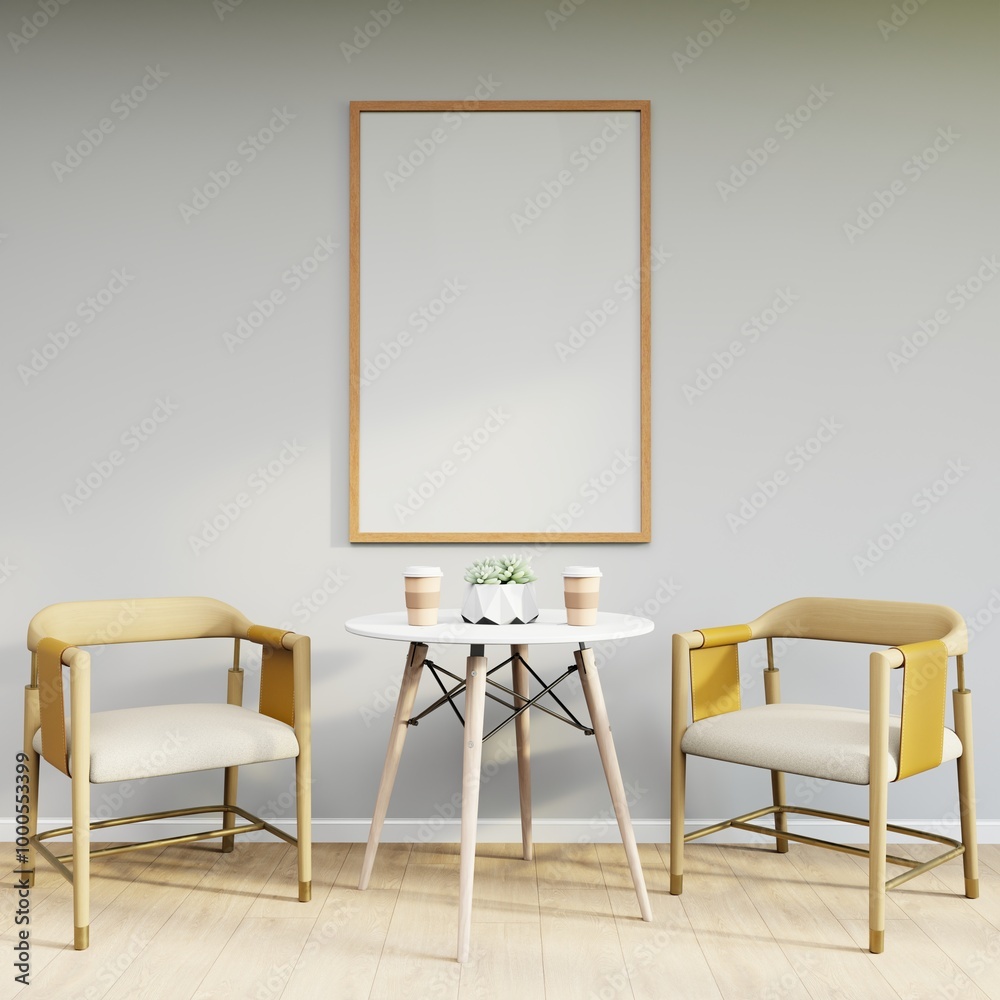 Mockup frame on table in living room interior on empty white wall background. Mockup frame on table in living room interior on empty white wall background.