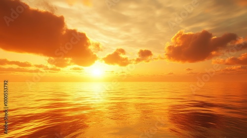 Breathtaking golden sky at sunset over a tranquil ocean with reflections on the water, creating a serene atmosphere