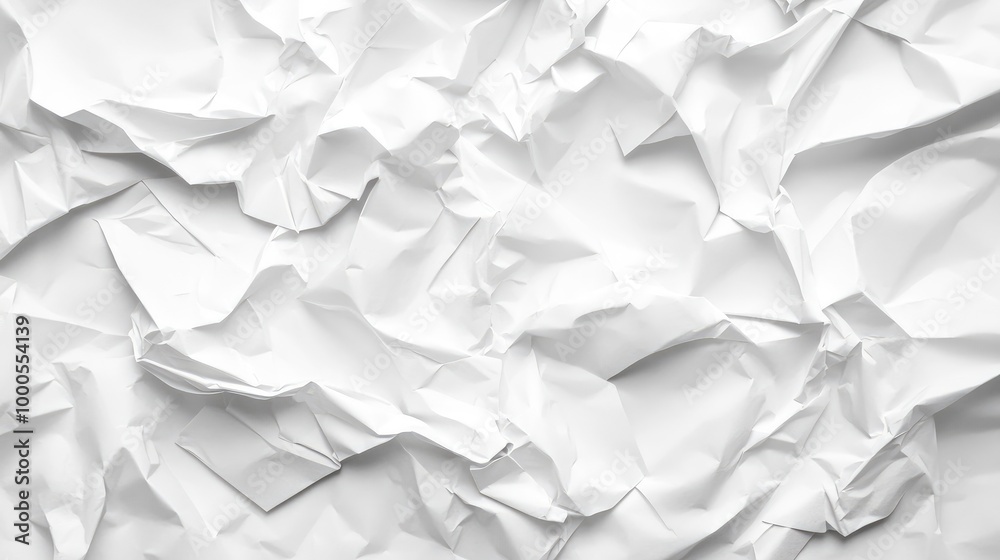 Close-up of crumpled white paper texture, with natural creases and folds creating depth and shadow Close-up of crumpled white paper texture, with natural creases and folds creating depth and shadow