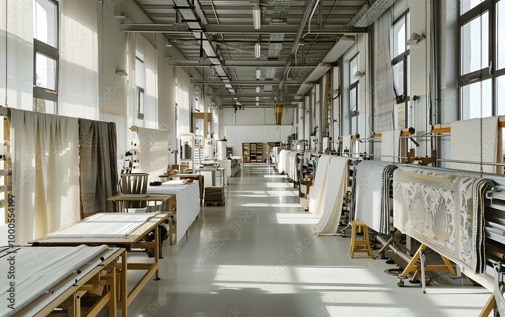 Bright workshop filled with rolls of fabric and cutting tables, showcasing a creative space for textile production and design. Bright workshop filled with rolls of fabric and cutting tables, showcasing a creative space for textile production and design.